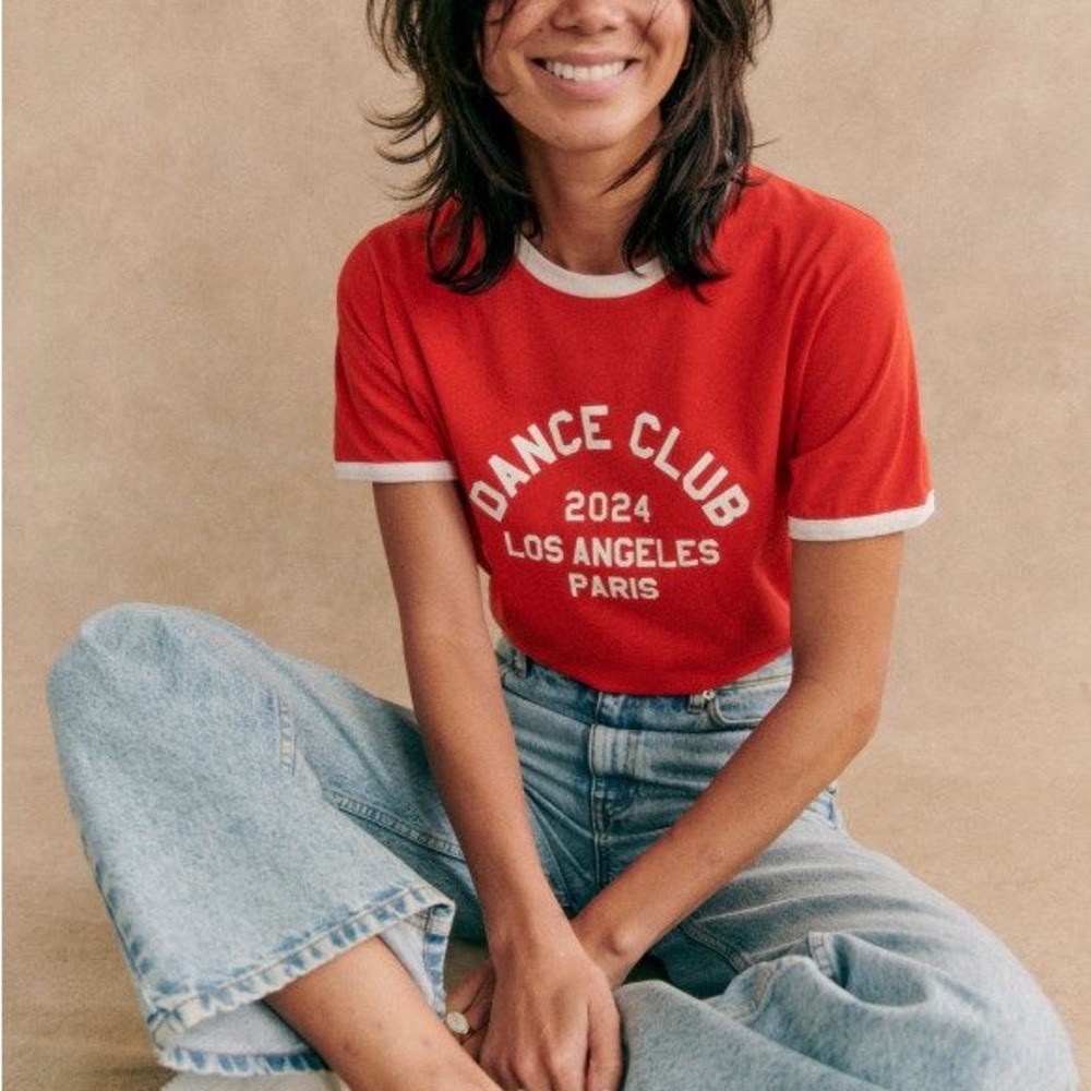 Sézane Red Graphic Tee with White Trim
